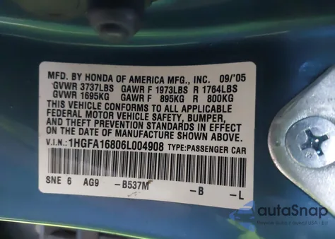 2006 Honda Civic Ex from USA, damaged, VIN 1HGFA16806L004908